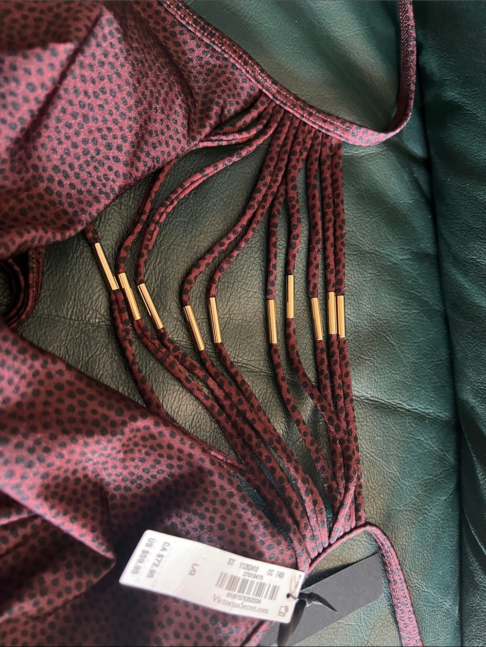 PINK Victoria's Secret Burgundy Strappy Two-Piece Bikini with Gold Accents - Picture 3 of 9